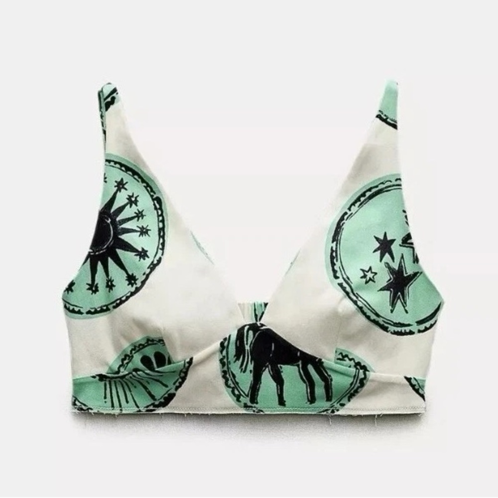 Zara Printed Bralette Crop Top | Graphic V-Neck Strappy | Small NWOT